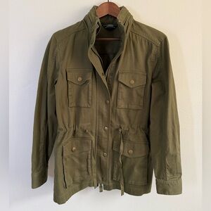 Lands’ End Olive Utility Jacket S Hidden Hood Safari Military Field Coat